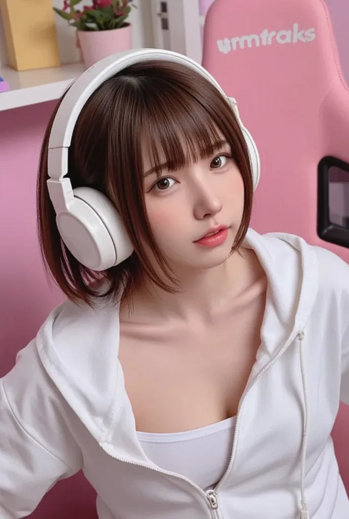  Streamer sitting in pink gaming chair 、full bodyポートレート、 Shot at random angles 、(( opens her hoodie with both hands to show のf her white strapless tube top))、Slender, small-breasted model ,  short hair, very  short hair, 超High Resolution, masterpiece, anat...