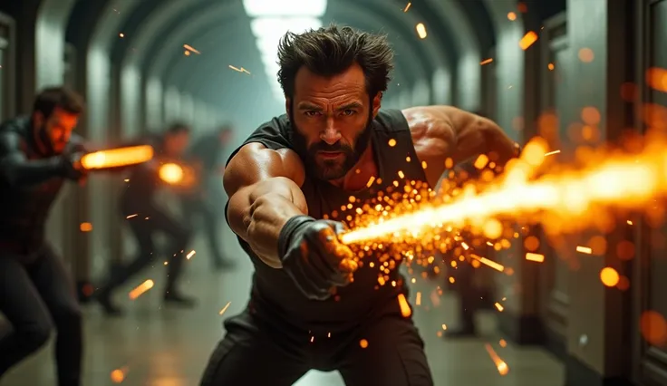 A high-speed action shot of Wolverine (Hugh Jackman) slashing through TVA agents in a futuristic corridor. Sparks fly as his adamantium claws cut through their glowing orange batons. His face is filled with fury, hair slightly messy, and his muscles are fu...