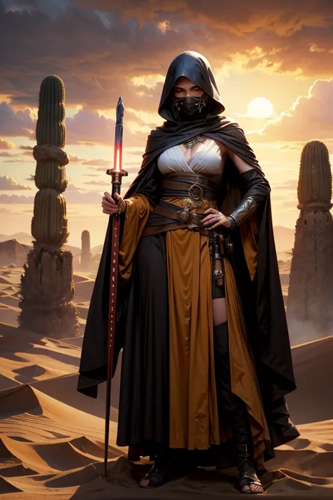 A mysterious Sith warrior stands in a vast desert, her face hidden beneath flowing desert robes that resemble a Zabrak's attire. Her piercing yellow eyes, filled with disdain, glow from the shadows of her hood. A delicate veil covers her mouth and forehead...