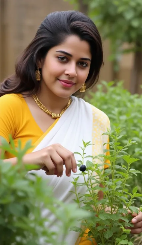 A malayai woman, chubby cheeks, curly hair, in white saree and yellow  blouse, watering tulsi plant in front of her house 