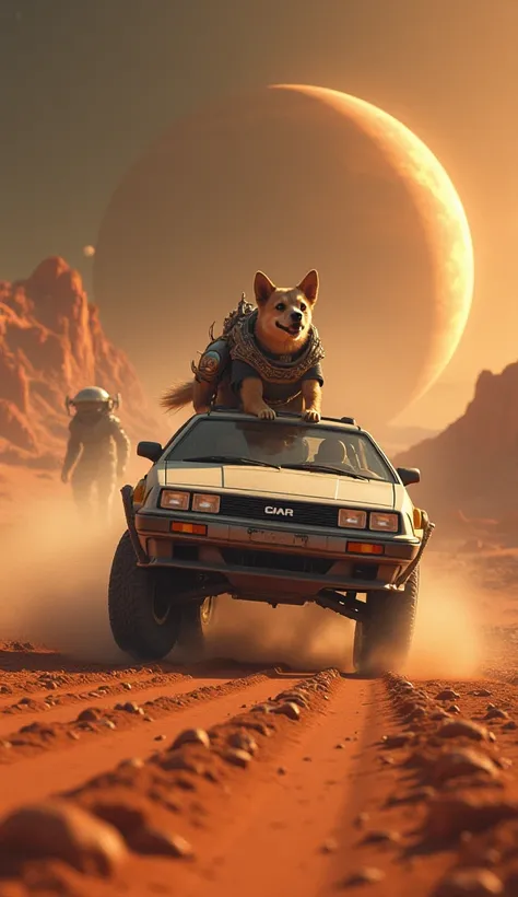 I NEED AN IMAGE WITH LORIAN'S CAR OF RETURNING TO THE FUTURE WHILE BEING DRIVEN BY A DOG THAT CARRIES A ROCKET ON ITS BACK AND IN THE BACKGROUND THE PLANET MARS AND SEVERAL LITTLE MARTIANS THAT LOOKS SUPER REALISTIC