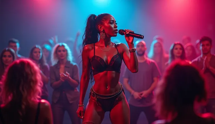 A beautiful young rap singer, with an expression of confidence and energy, in the middle of a lively recital. She wears a sexy, tight-fitting outfit that highlights her athletic figure and beautiful body. The stage is illuminated by bright colored lights, ...