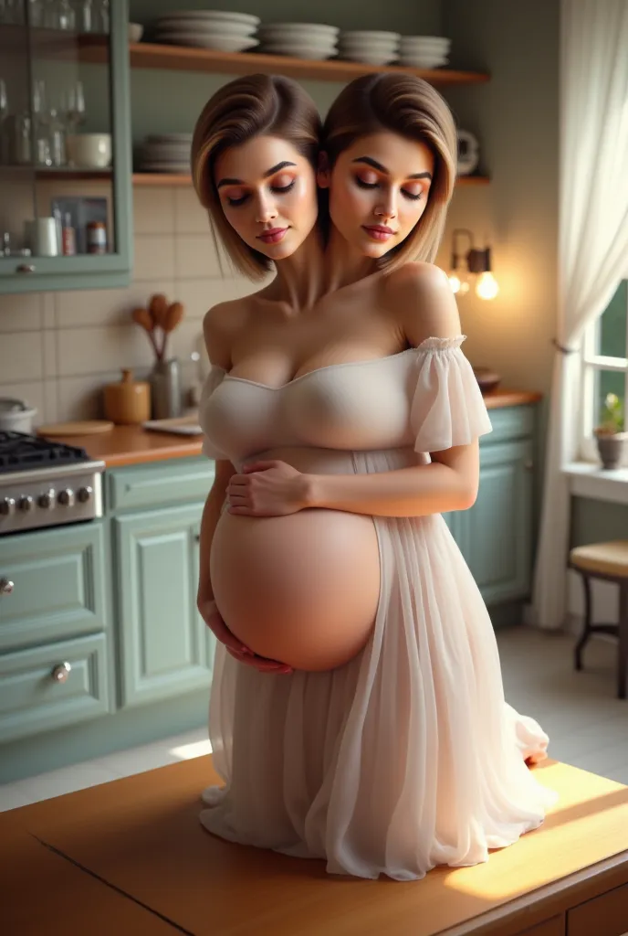 A conjoined woman with three heads and  torsos in a romantic photo. In a kitchen. Heavily pregnant. Wearing a summer dress.