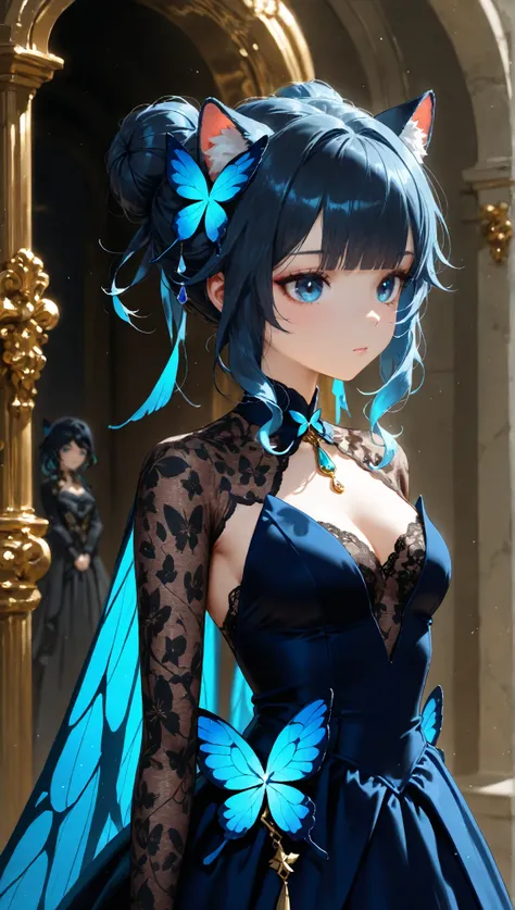 Genshin,Genshin Impact,Genshin Impact costume,Fontaine,Fontaine costume,
A girl, high resolution, blue hair/Shopping Hair , Gradation Black Hair, hair bun, two-pronged hair,  butterfly cat ears, vertical pupil/cat eyes, eyes with raised corners,  blue eyes...