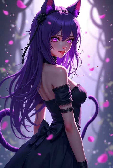 A girl with Matte purple hair hair to the hips and purple eyes and a skinny tail Like a cat she Has a skirt and shirt top she Has a maid accesory on the head