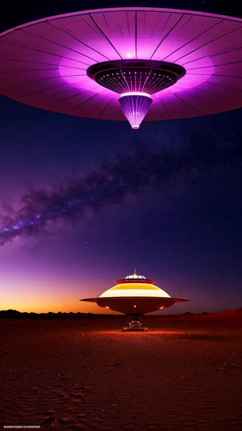 Advanced flying saucer-style ship with vibrant purple light crossing a desert 