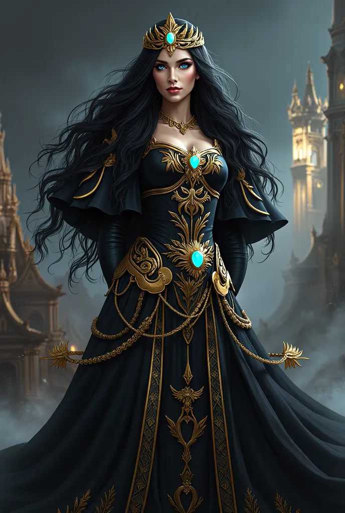        The same, But with a long braid half black and gold, And a war dress half black and gold, strong blue eyes and a golden crown with a light blue stone ab 
    ove.