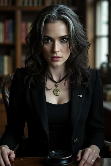 Winona Ryder as a Miskatonic University professor. Female. Mysterious and Alluring Archeology Professor. Elegant with graying raven-black hair, pale skin, and piercing amber eyes. Always adorned in Gothic academic attire, with a necklace bearing an ancient...