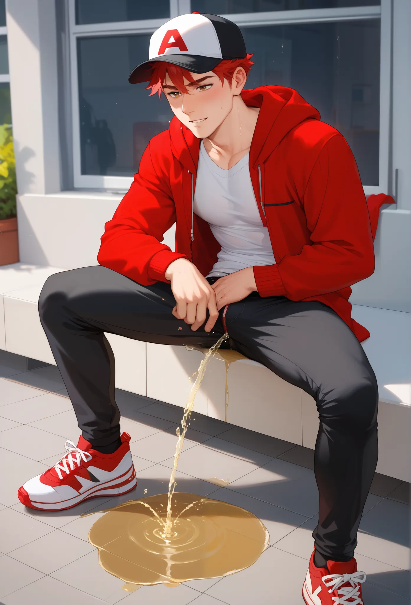 LiaqN.Red haired man.Handsome.Wearing a red hoodie cap black skinny pants Hi Top Sneakers.He couldn't hold his pee.There is a large pee wet spot on his crotch.Pee stain on his pants.Pee wet spot on his crotch.He is ashamed of peeing himself