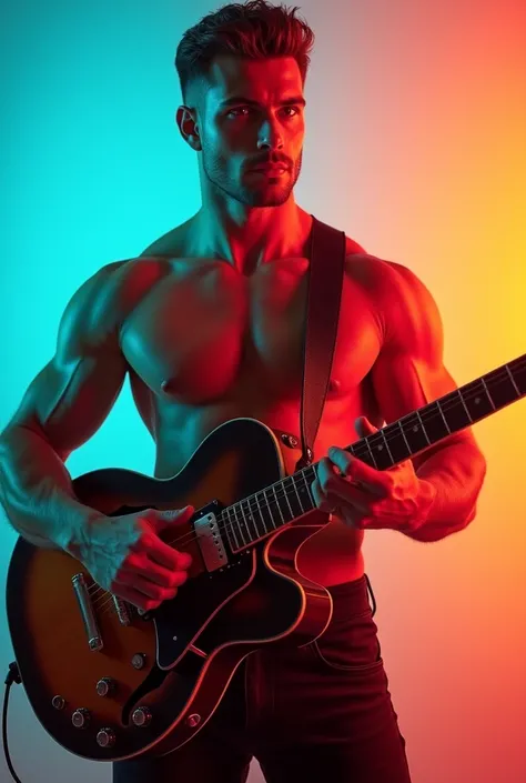 Men, white, gym body, guitar, handsome, attractive, retro filter, gradient background