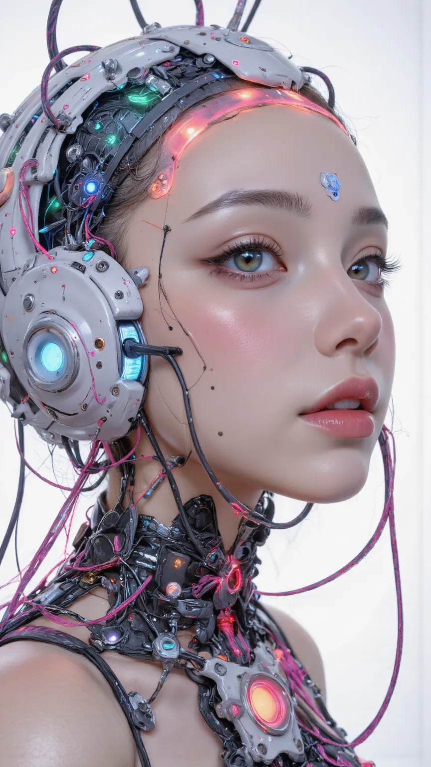 nice photo of a female cyborg, future, nice, is dazzling, attractive, flashy, upper body, Quirky, Adult face, full shot, Strong Makeup, cyborgized brains, colorful, Wonderful, robot head is smooth and glossy like ceramic, detailed, stand out, The robot's h...