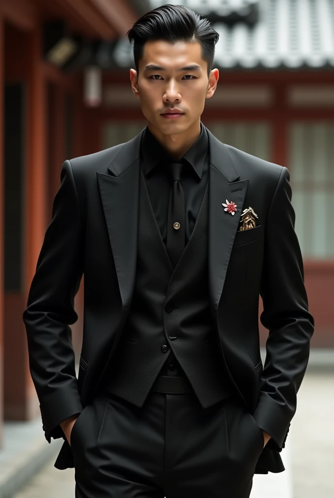 A black suit with Japanese influence 