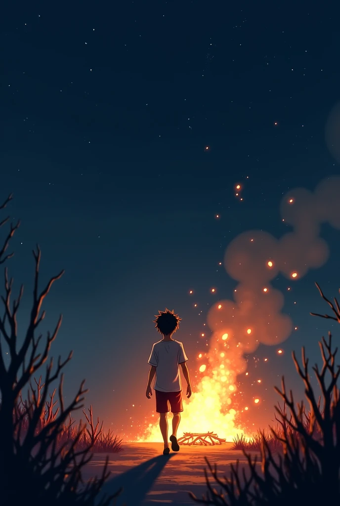 Anime boy walking away from the fire in night 