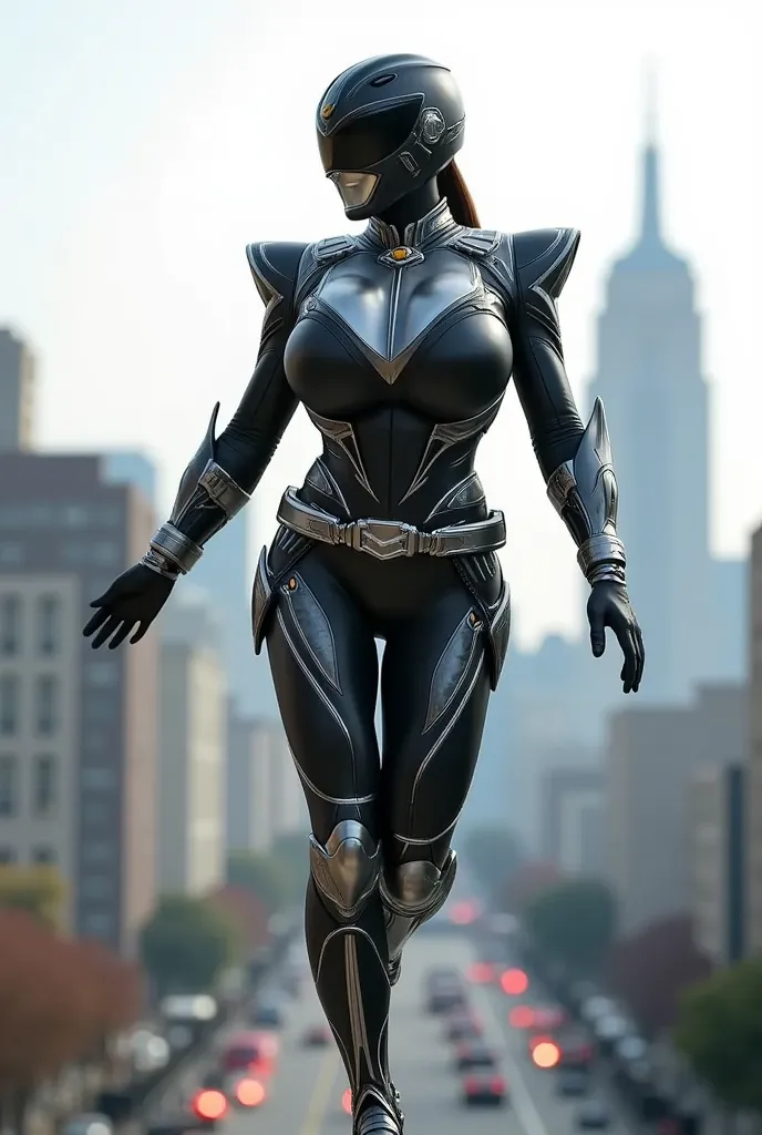 Female superhero landing, wearing power ranger suits with full face helmet, detailed boots, full body shot from below