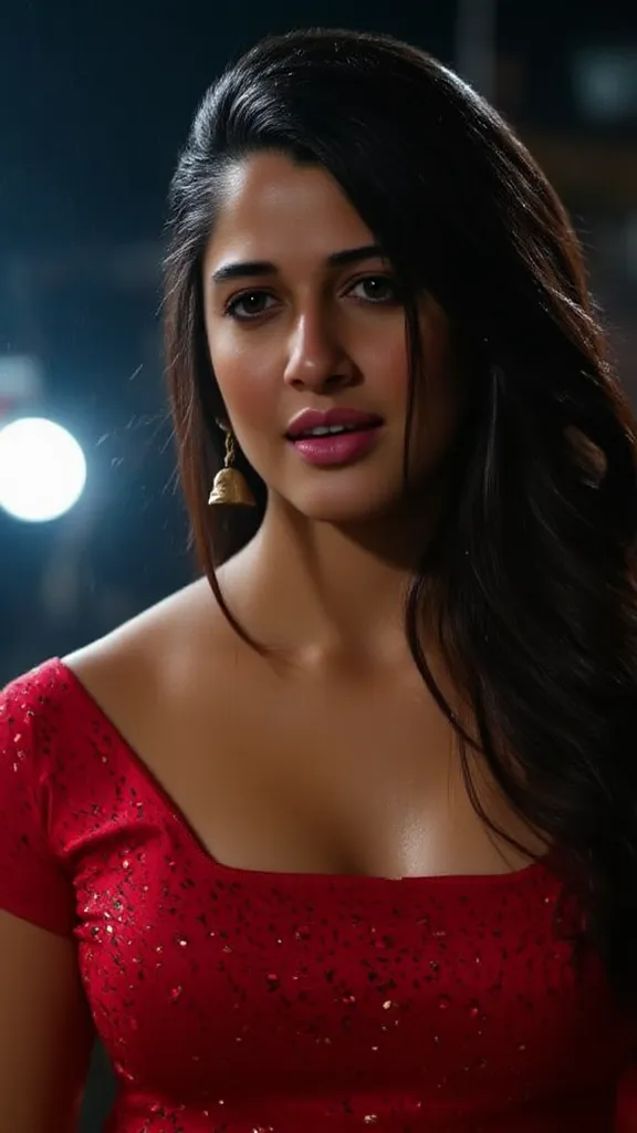 tamannaah crying,  forcefully dragged by the a man by catching her one arm in a rain  and getting herself drenched from the rain water in the middle of a night road,she is wearing red sequin silk shiny saree on a shiny red satin u neck short sleeve blouse,...