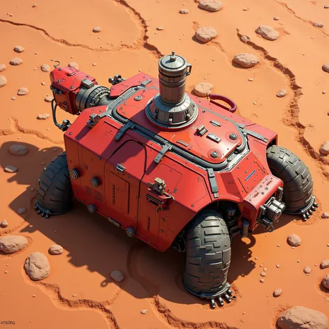 "Realistic, seen from above, turtle shape,  red, com um pequeno torreta canhão longo de calibre 120 mm em cima dthe turtle, futurist. dusty due to the sandy terrain, reddish color, terreno Realistic com pedras e areia com coloração avermelhado o solo de Ma...