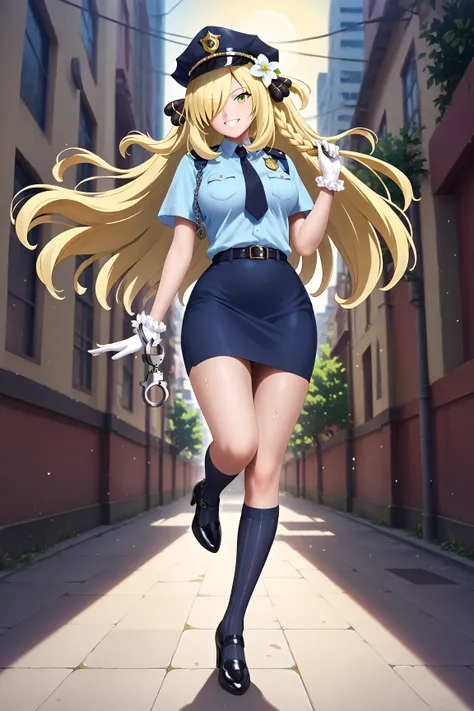 masterpiece,Highest quality,Highest quality,High Quality Pictures Ultra High Definition   ,          detailed background absurdity　 good lighting   , Photo Gallery    , blond hair,ep pk cynthia hair ornament, hair on one eye, long hair, yellow eyes,SWEATY ...