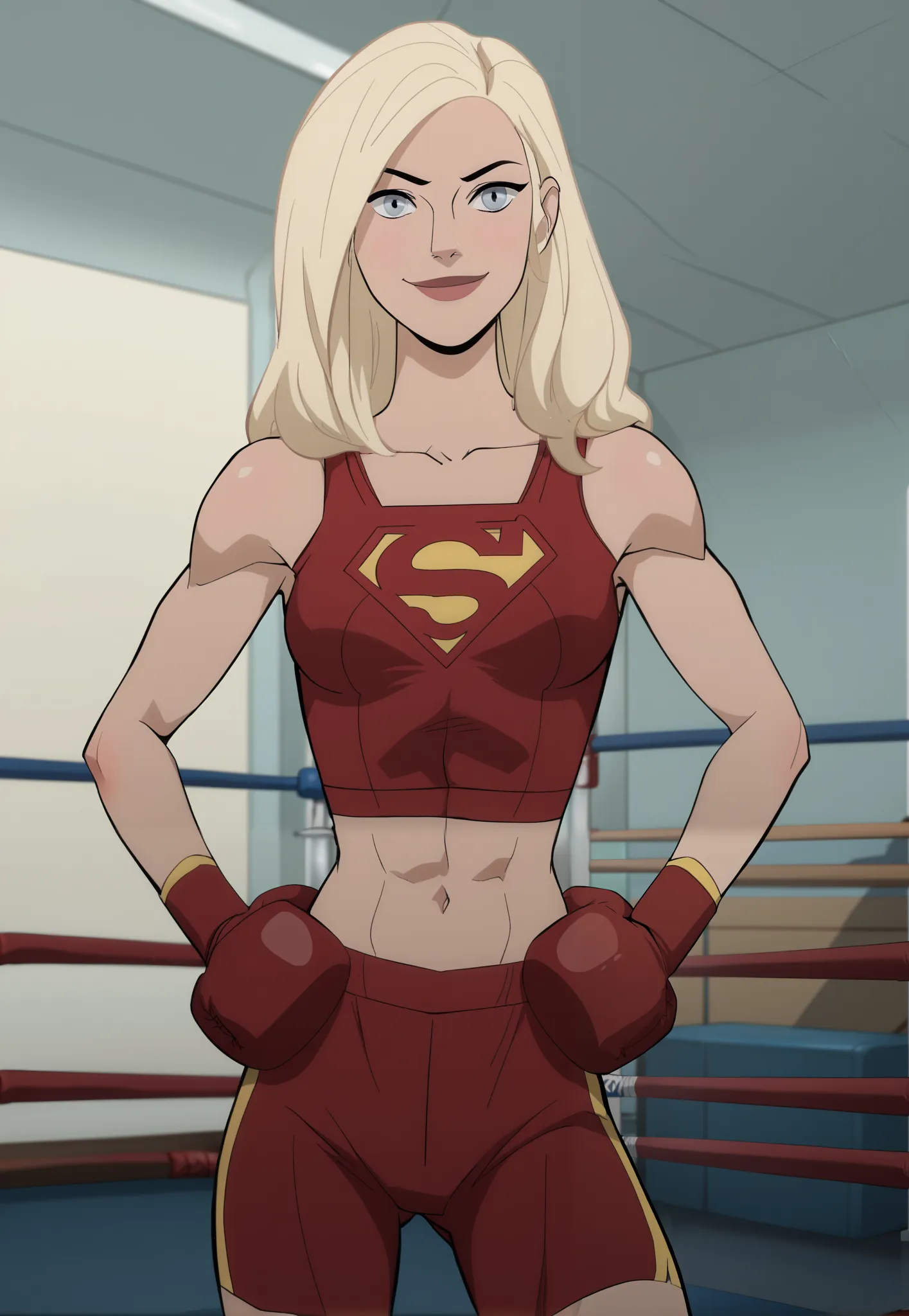 score_9, score_8_up, score_7_up, source_catoon, supergirl, grey eyes, blonde hair, long hair, medium breasts, red sports bra, red yoga shorts, red boxing gloves, boxing ring, gym, confident expression, standing, looking at viewer, smile, closed mouth, port...