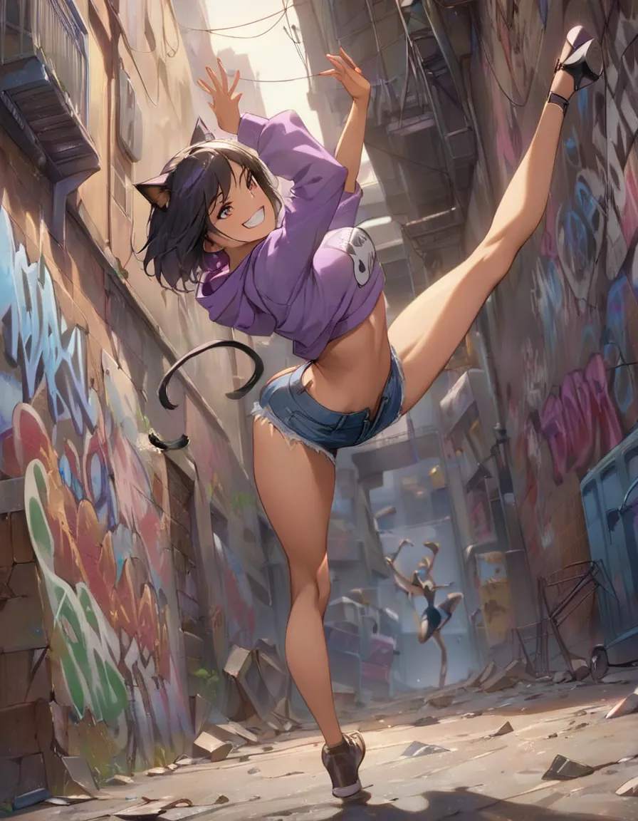 ((masterpiece,best quality,extremely detailed,absurdres)),city,dark,back alley,broken wall,rubbles,graffiti art,1girl,(boyish),black short hair,grin,teeth,medium breasts,cat ear purple hoodie,denim shorts,((dancing,acrobatic)),dynamic angle,