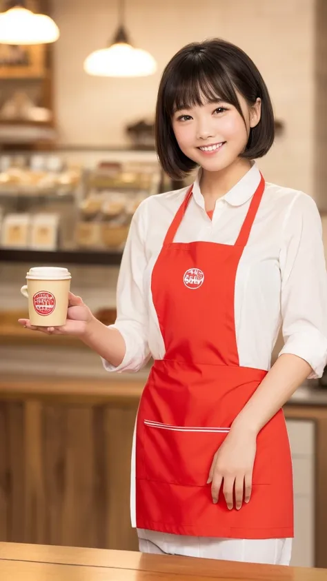 Only one woman, standing, (Staff uniform) (Red apron), /(Black hair/) Bangs, Gentle smile with blush on cheeks, (Top quality masterpiece :1.2) Super detailed delicate illustration, ((Big Break)), (Cafe shop) Indoor, ((( girl, Slim, ))), ((Red apron over co...