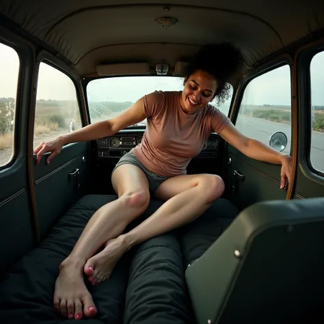 Create an image of a gigantic woman sitting inside a tiny, -sized car that is far too small for her. The woman's massive frame completely fills the entire interior of the car, with her body contorted and squeezed into the cramped space. Her head is pressed...