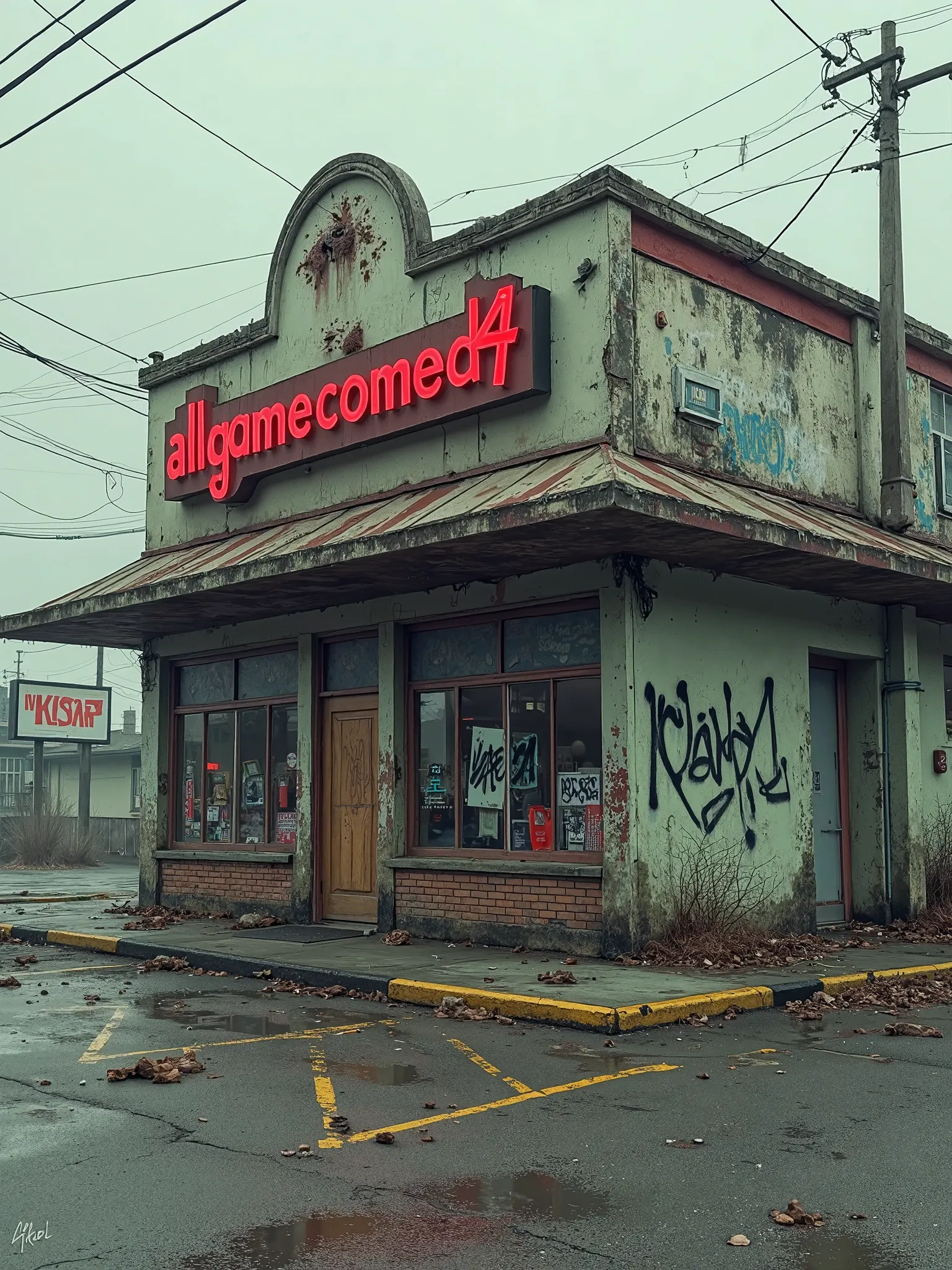 Image of an abandoned, bankrupt, and dirty fast food restaurant called "ALLgameComeD4" with "RIP" written on it.