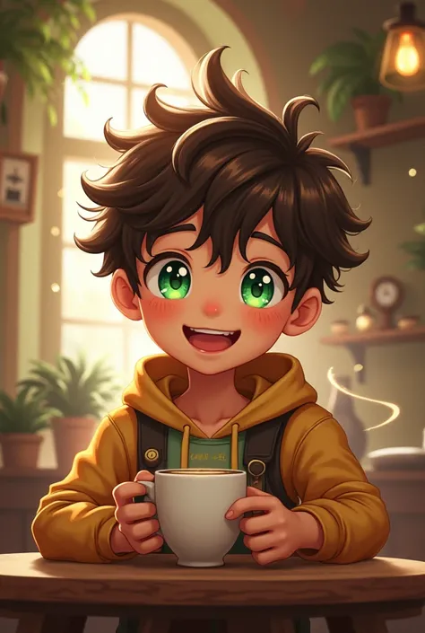 anime,Coffee haired boy,Green eyes with coffee,hoodie cafe,high,happy,Magia Tierra