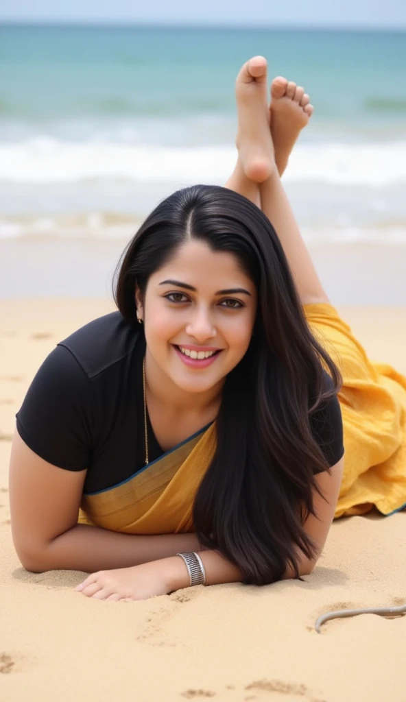 Little chubby cute indian face, short,indian women, indian skin , little chubby, medium black hair, black hair over one eye, golden saree, black blouse, pearshaped wide hips, solo, voluptuous breasts, top heavy
To create this playful and relaxed beach pose...