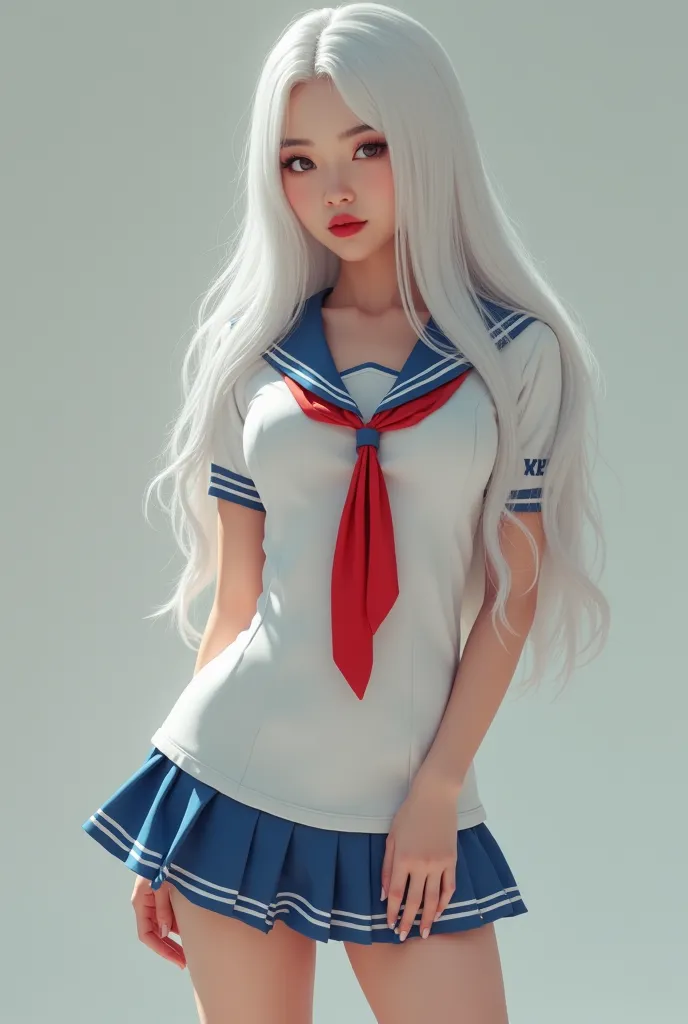 Create a realistic image of an 20 year old asian girl with long white silky hair with red glossy lips wearing a skimpy white sailor uniform with blue edges woth red tie and make her breast big and make her body sexy curvy with rosy white skin wearing blue ...