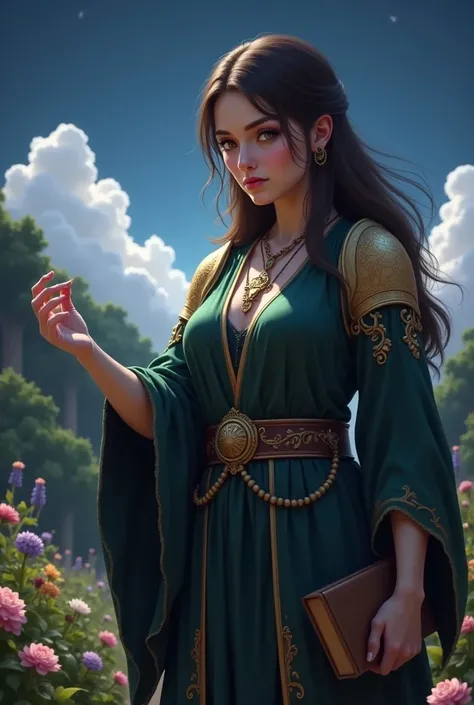 An elderly sorceress in an elegant green robe with a book in her hand, 68 years old .  Nature and flowers in the background .