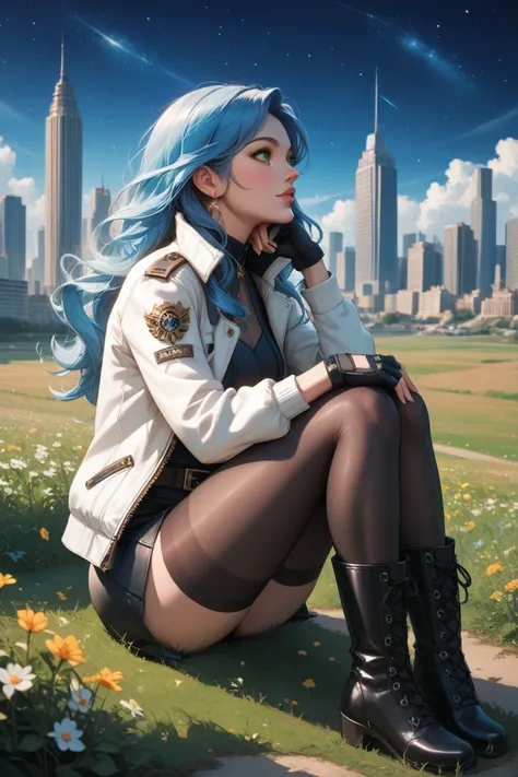 beautiful and sensual french woman, blue hair, long hair, green eyes, white short jacket, black miniskirt, black tights, fingerless gloves, black gloves, black boots, sitting, on the ground, holding her knees, looking up, starry sky, cityscape, field