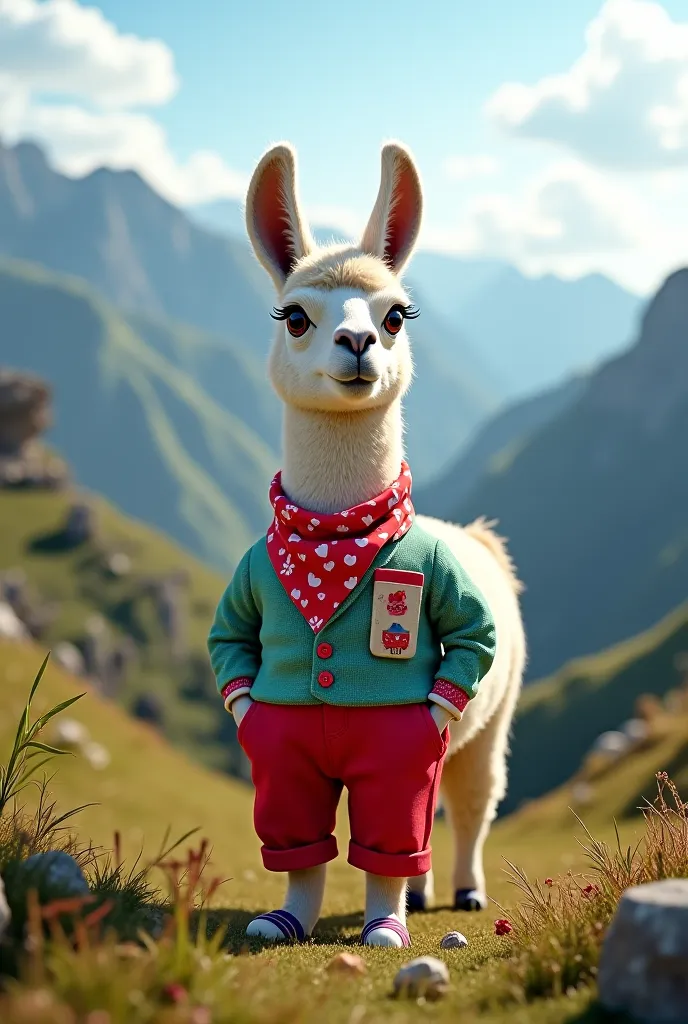 A llama dressed in red pants, heart shirt and handkerchief in an Asturian mountain landscape 