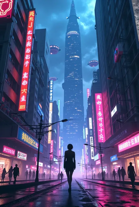 the neon lit street of a cyberpunk anime night city