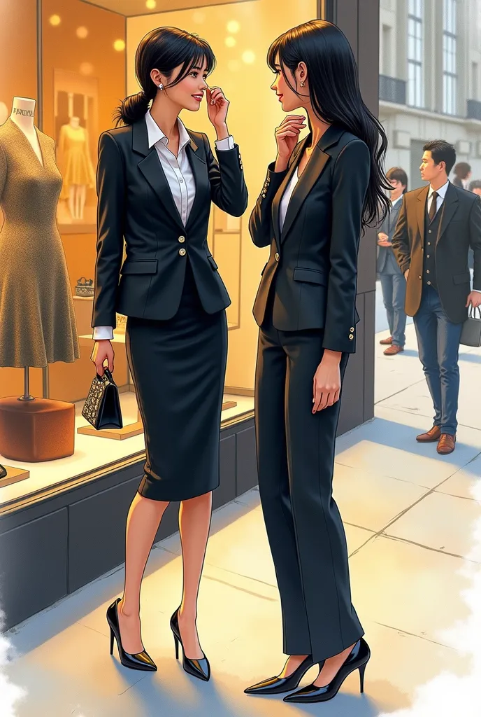 Ultra-high-resolution, hyper-realistic watercolor sketch-style illustration, depicting (two ultra-slim Japanese beauties standing elegantly in front of a luxurious shopping window, engaged in casual conversation while gently adjusting their sleek black hai...