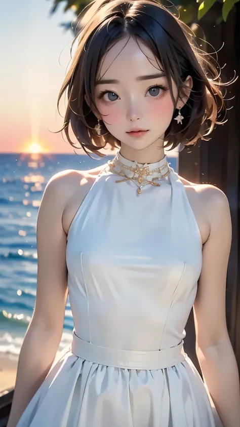 one girl, (18 years old:1.4),(Very Young Face), (japan Person famous idol), face, cute face, ash gray hair:1.5, bob hair, short hair, camera's line of sight, small breasts, An ennui look, (dress:1.4) , particles of light, sea of ​​sunset, calm sea, white s...