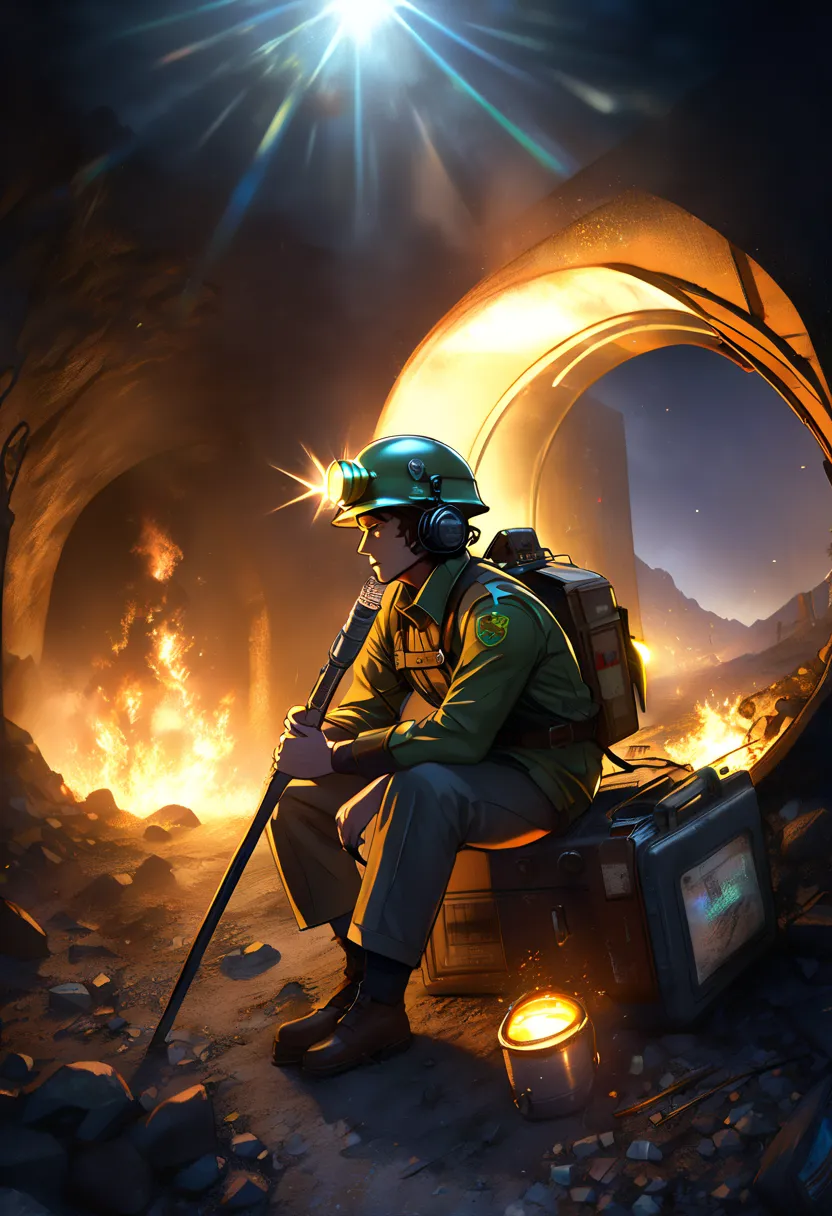 Fallout: New Vegas, Man sitting on something, Pip-Boy, tunnel, safe, ( FACE MASKS :0.1), ( Breathing tube  :0.5), headphones,  WWII German helmet with flashlight , burning fire, full body, Contaminated wasteland,  misty ,  volumetric lighting with a baton ...