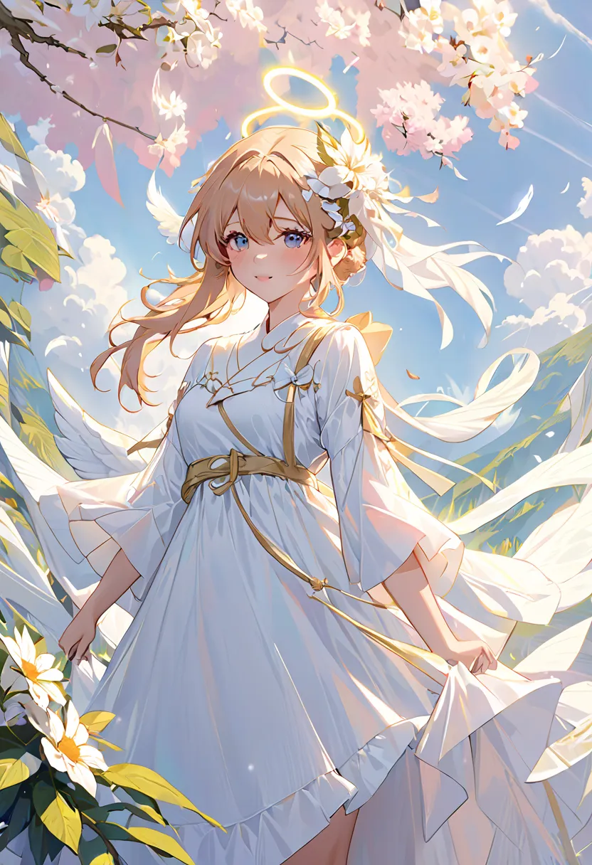  an angel in a beautiful white dress, Art Station Chengwei,  halo, White Feather  