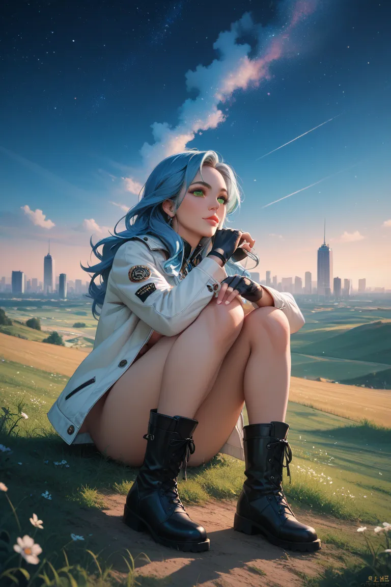 beautiful and sensual french woman, blue hair, long hair, green eyes, white short jacket, naked fingerless gloves, black gloves, black boots, sitting, on the ground, holding her knees, looking up, starry sky, cityscape, field, frontal view , view from belo...