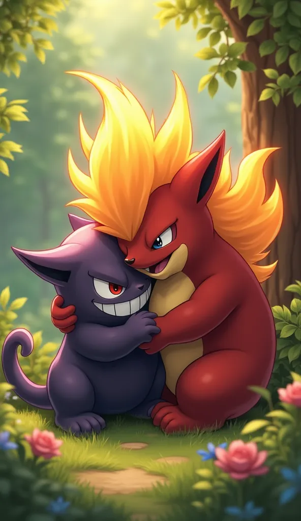 Gengar and Infernape cuddling