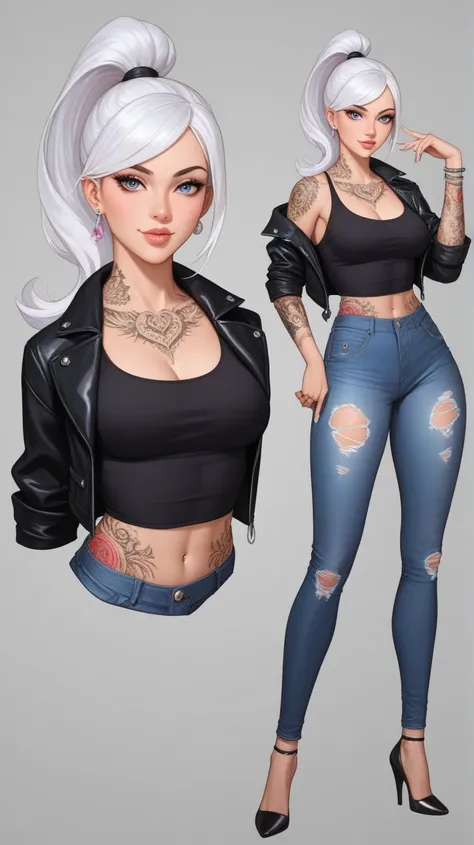 (masterpiece, best quality, cartoon art style, 8k, highres),
1girl, young adult female, slim yet curvy figure, 
long white hair in a high ponytail, side-swept bangs, 
wearing a cropped tank top (or bralette) under a short black leather jacket, 
tight rippe...