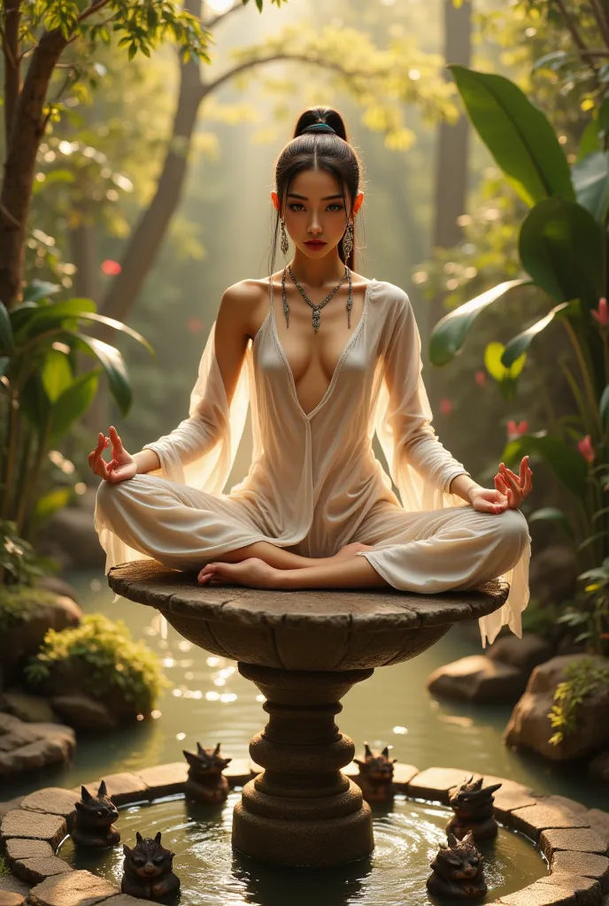 In a serene and mystical garden, A skinny Chinese woman, 18 years old, with an extremely thin body and fragile and delicate appearance, is balanced on a stone platform.  She has a very small bust , a thin waist and slender legs with a gap between the thigh...