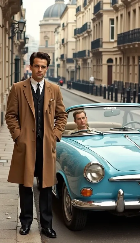 promotional posters for the American television drama、Detective Colombo、Stand next to the 1959 Peugeot 403 pale blue convertible、classic car、  unkempt hair、 Spin 、dragonfly brown trench coat 