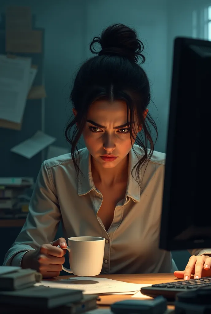 The same imagem Character Enraged doing work on a Pc, a mug Of cofee on her hand 