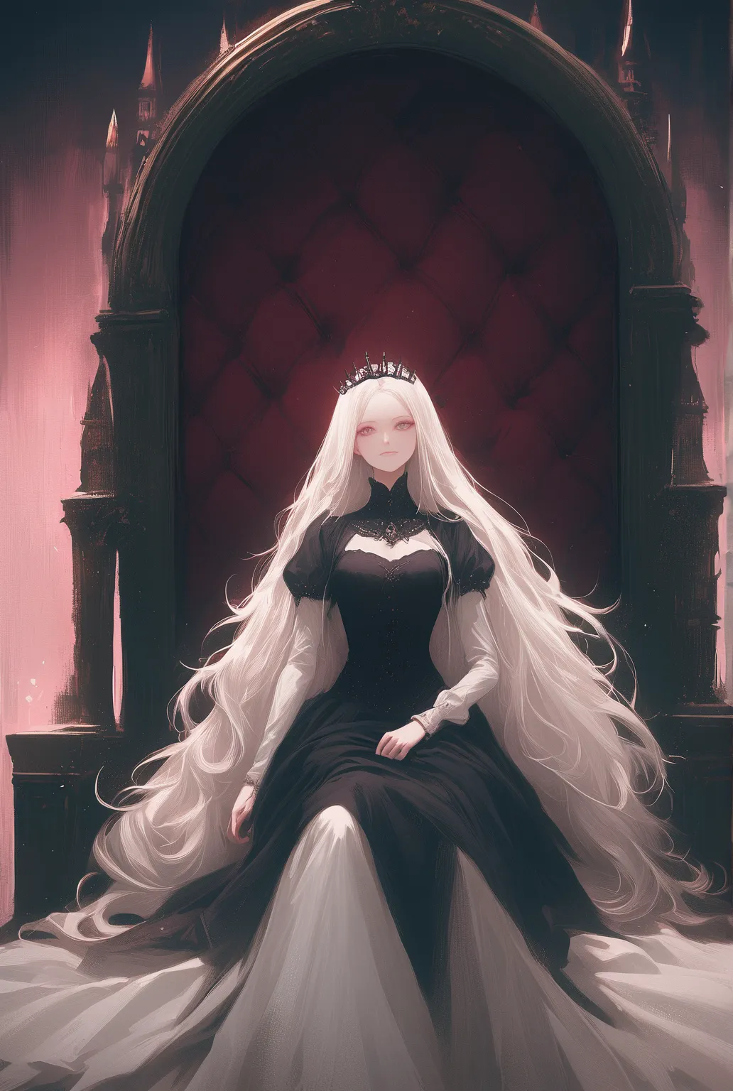 Pretty albino woman princess, she's on her black throne, a gothic castle