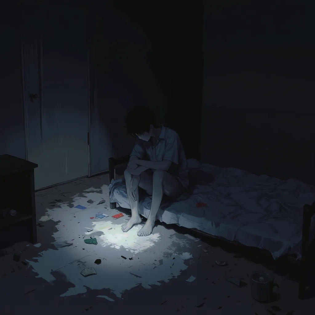 man is sitting on a bed in a dark room, anime asthetic, punpun onodera, horror manga, album art cover, manga cover art, black and white manga panel, emotional picture, oyasumi punpun, by Shinoda Toko, anime cover, lofi album art, anime aesthetic, late nigh...