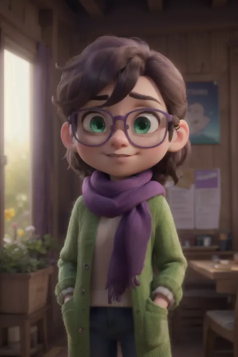 masterpiece, better quality, a man with glasses and a scarf, wearing a purple coat and green scarf,  standing in the park