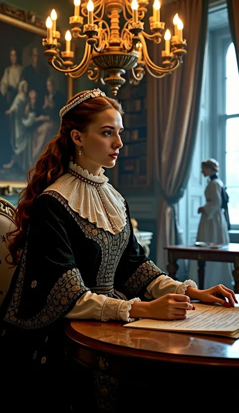 "A hyper-realistic, cinematic painting of Catherine de' Medici seated at the head of a grand wooden table in the French royal palace, fully dressed in historically accurate 16th-century attire. She wears a richly embroidered black and gold Renaissance gown...