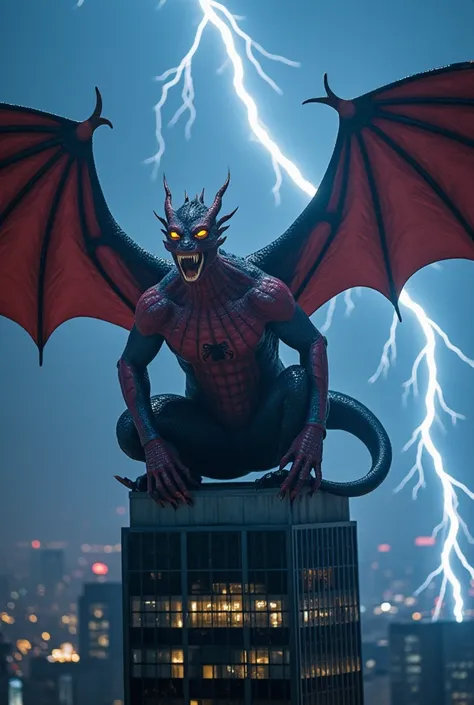 "Create a hybrid creature combining King Ghidorah and Spider-Man. The being has three dragon-like heads with glowing eyes and sharp teeth, inspired by Ghidorah, but with Spider-Man’s signature red and blue webbed patterns across its scales. Its muscular bo...