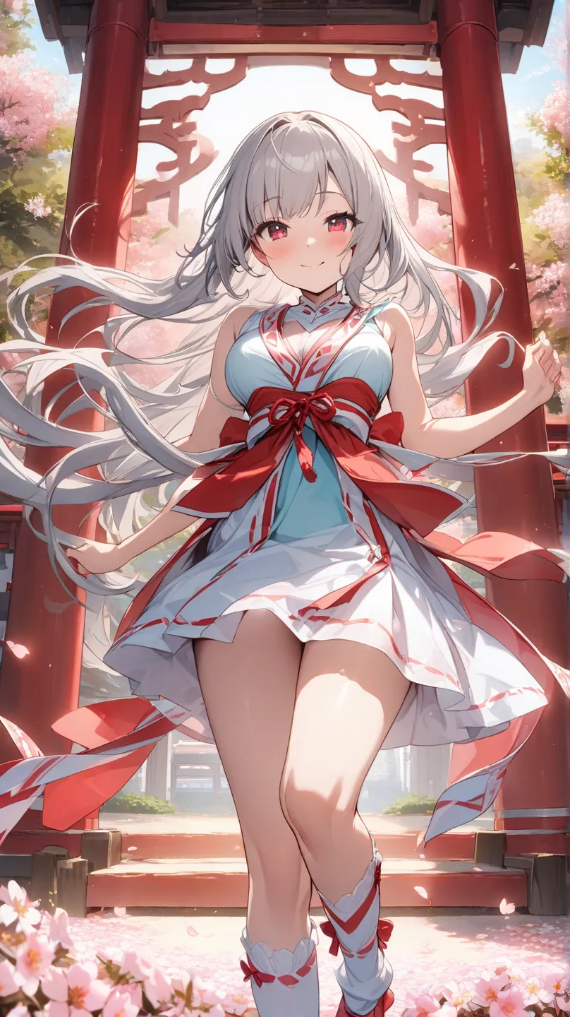 1 girl、 shrine maiden clothes(sleeveless、miniskirt)、ruffle socks、low angle、embarrassing、cross race legwear、masterpiece、Highest quality、 Silver Hair、Scarlet Eyes、moderately developed breasts、Pretty Girl、 cute hairstyle。kind smile、 (masterpiece), ( Highest q...