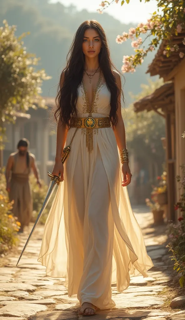 Here’s a detailed prompt for creating a visually stunning, hyper-realistic depiction of **Ashrah** from *Mortal Kombat* in a casual, village setting, emphasizing her beauty and divine elegance:

---

**Prompt:**  
"Hyper-realistic, 8K ultra-HD depiction of...